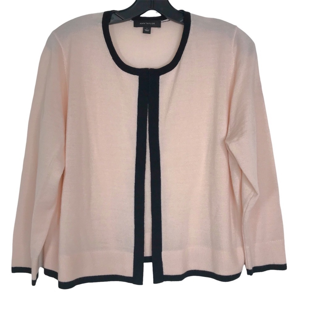 Ann Taylor Pink Black Trim Wool Blend Open Cardigan Colorblock Sweater Large